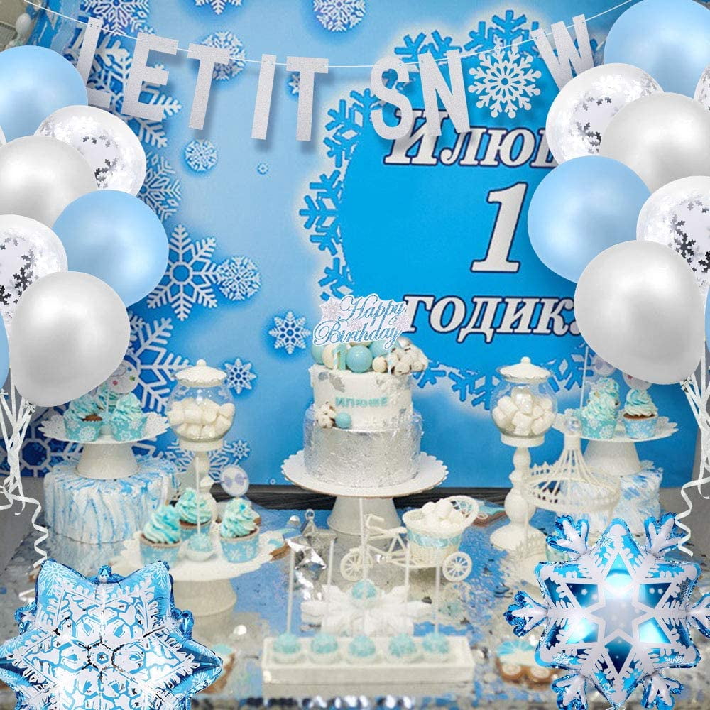 Frozen Balloons，Happy Birthday Cake Topper for Winter Wonderland Christmas Party Decorations Golray Snowflake Decorations Frozen Birthday Party Supplies with Hanging Snowflakes Swirls 